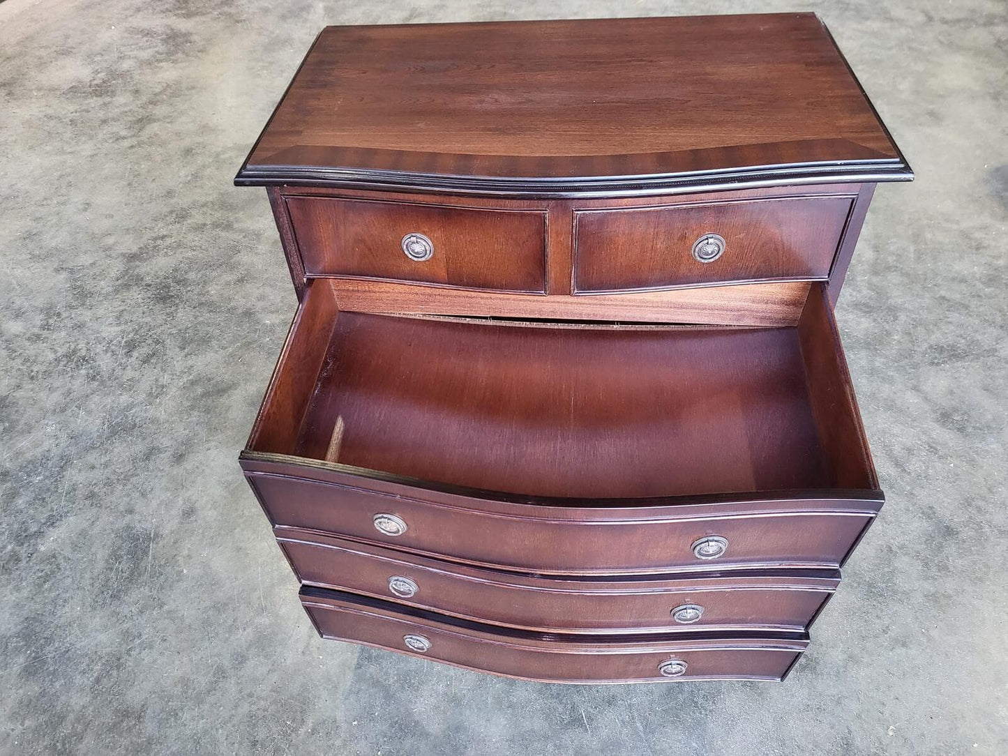 Antique repro serpentine small chest of drawers bracket feet