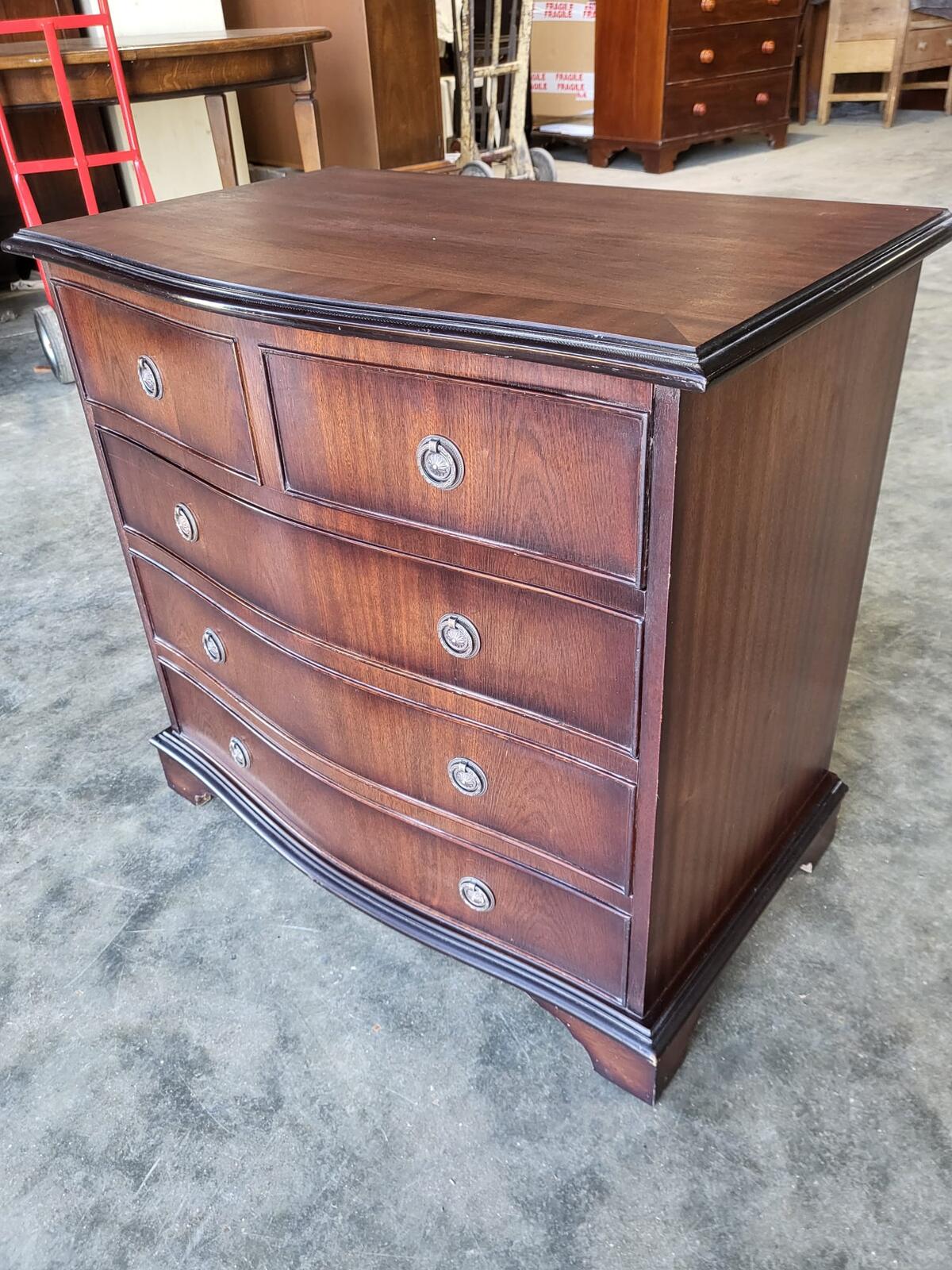 Antique repro serpentine small chest of drawers bracket feet