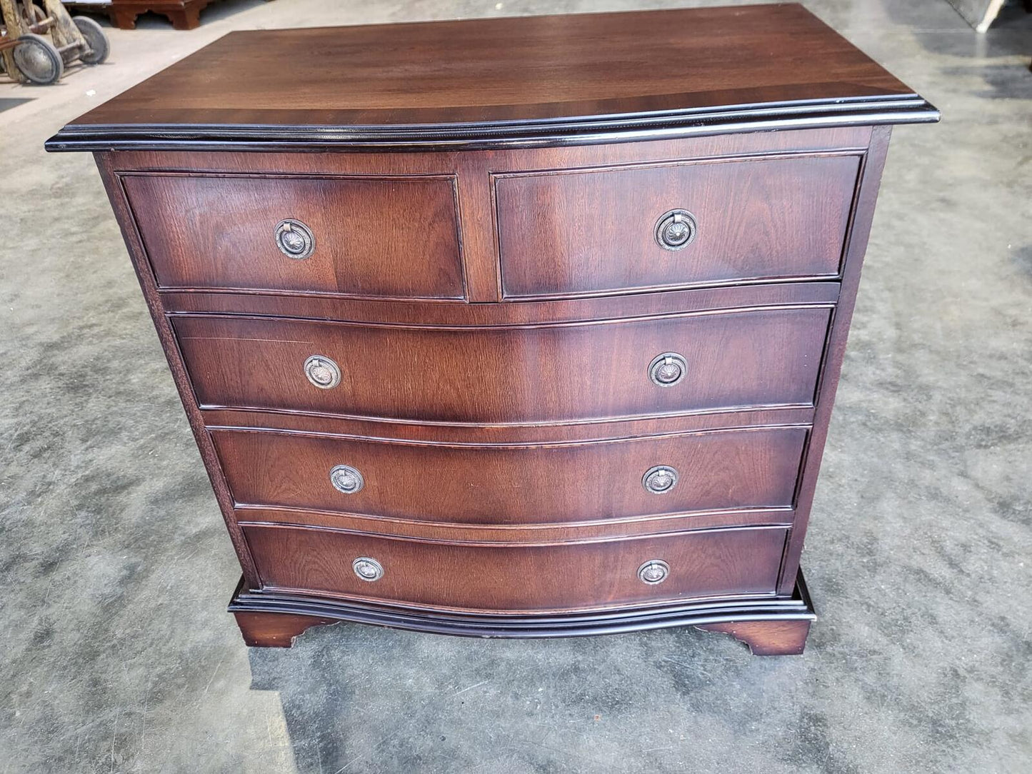 Antique repro serpentine small chest of drawers bracket feet