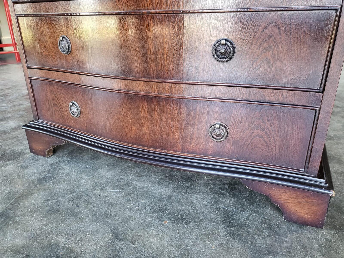Antique repro serpentine small chest of drawers bracket feet