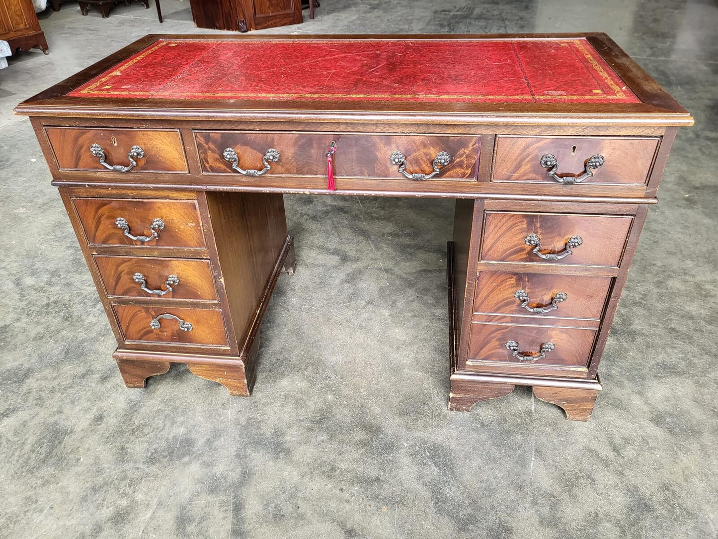 Antique repro shabby small twin pedestal desk leather top