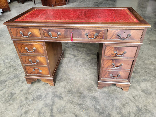 Antique repro shabby small twin pedestal desk leather top