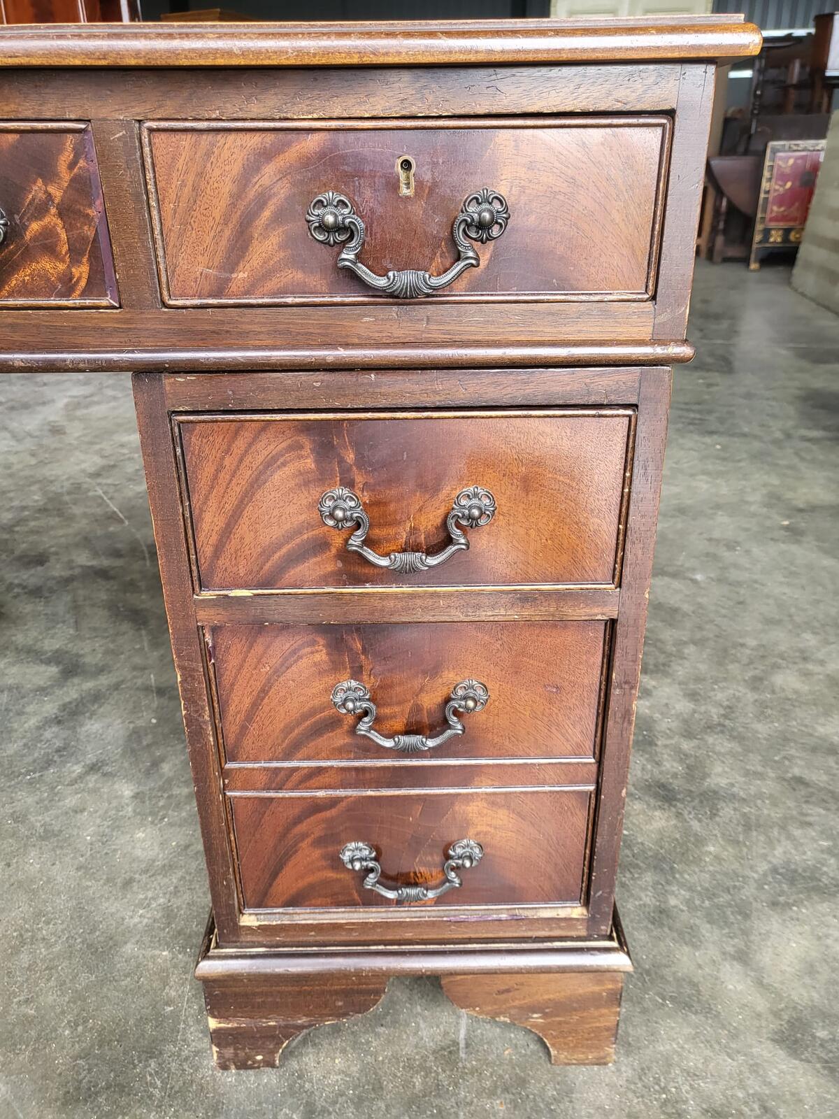 Antique repro shabby small twin pedestal desk leather top
