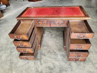Antique repro shabby small twin pedestal desk leather top