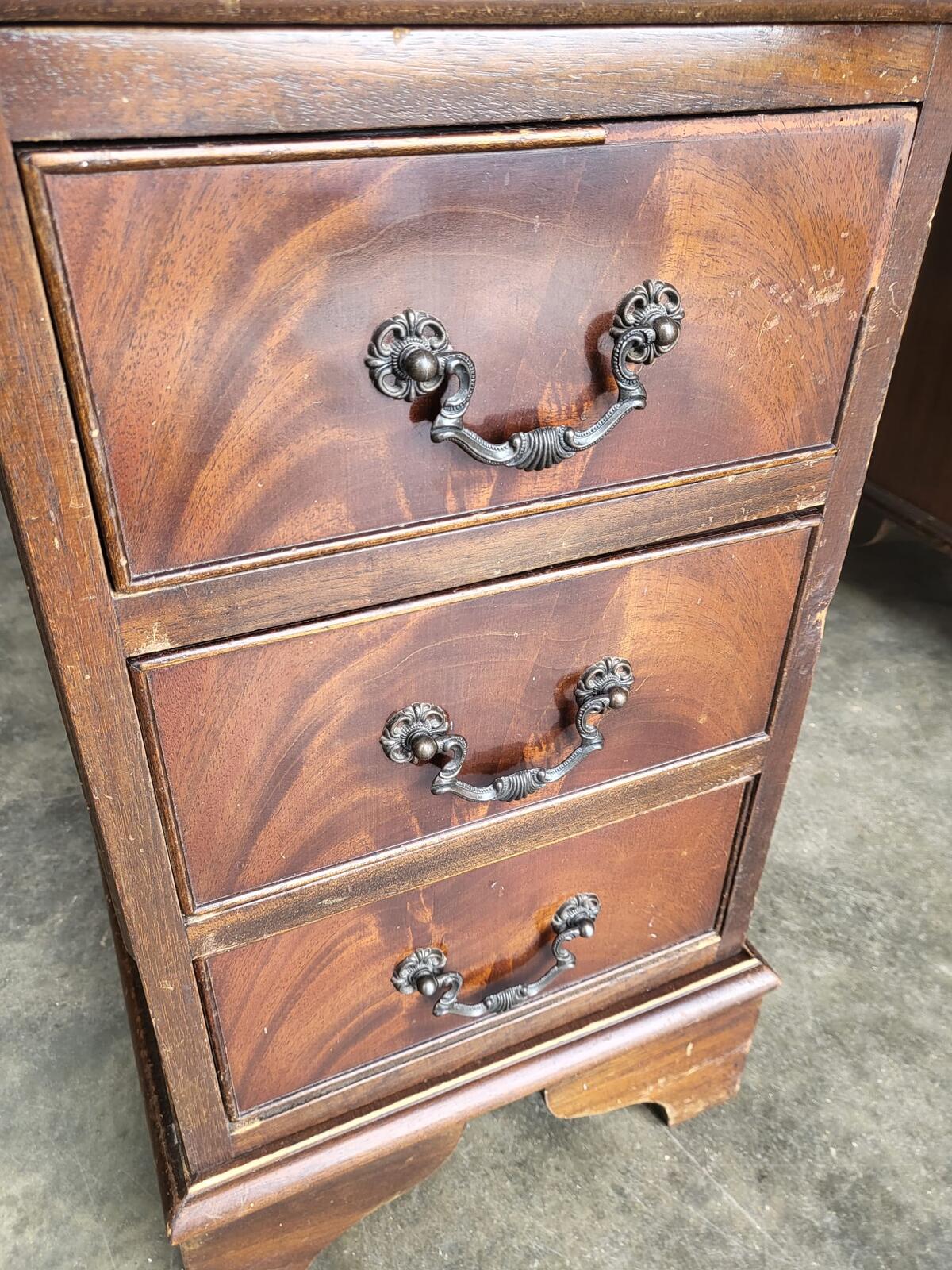 Antique repro shabby small twin pedestal desk leather top