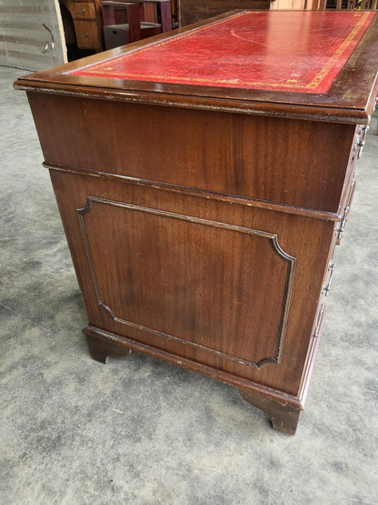Antique repro shabby small twin pedestal desk leather top