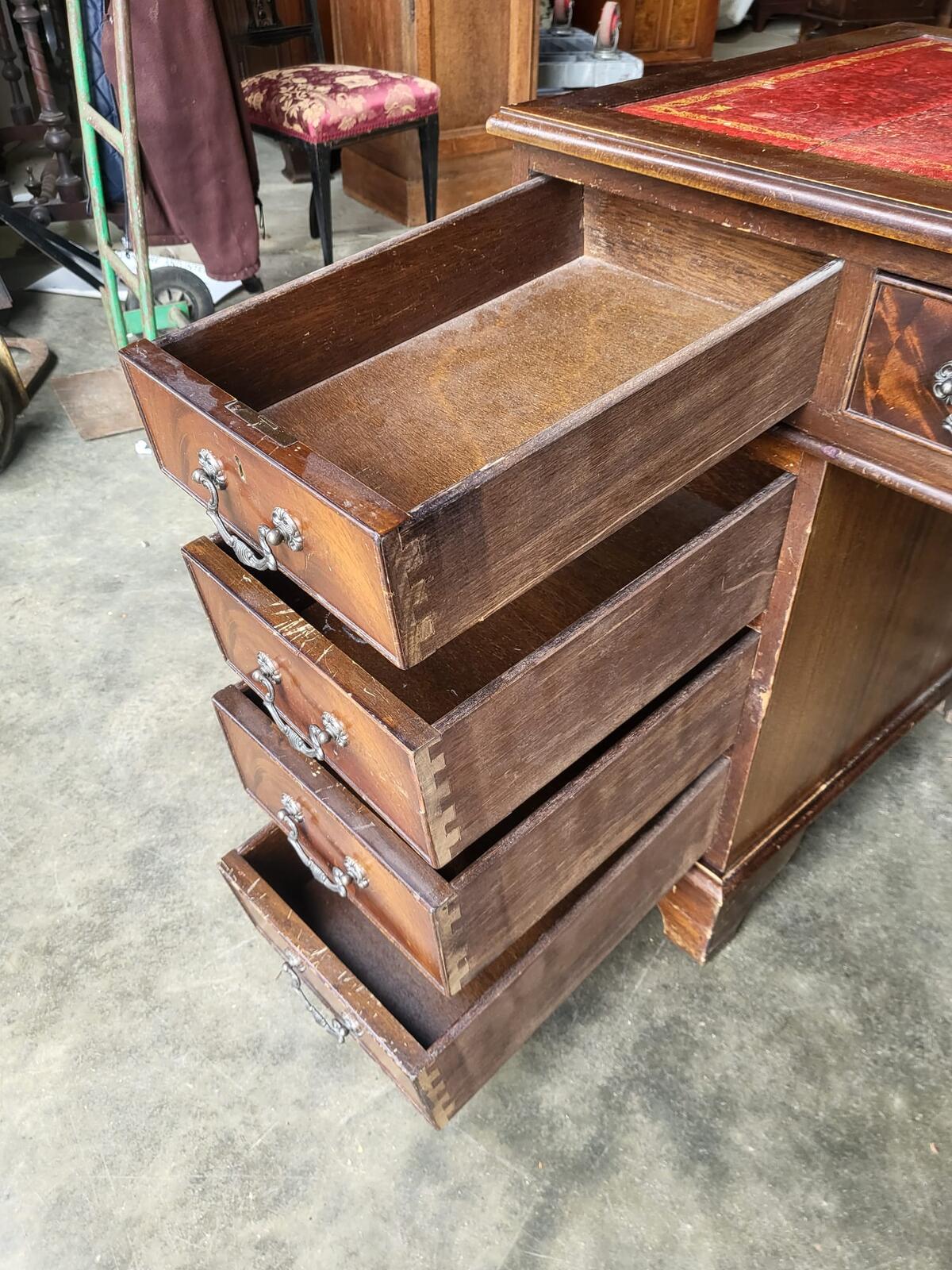 Antique repro shabby small twin pedestal desk leather top