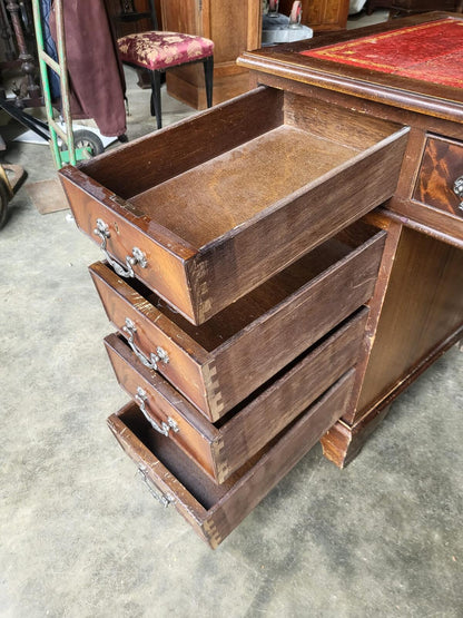 Antique repro shabby small twin pedestal desk leather top