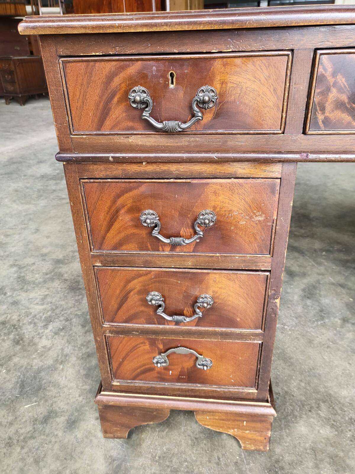 Antique repro shabby small twin pedestal desk leather top