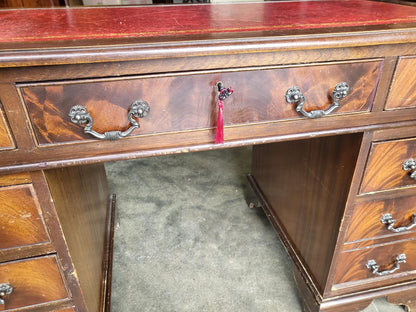 Antique repro shabby small twin pedestal desk leather top