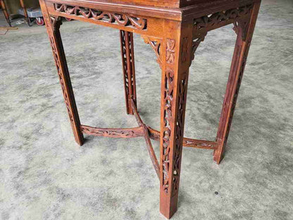 Antique repro carved hall side end table square legs fretwork stretcher
