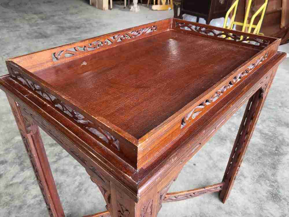 Antique repro carved hall side end table square legs fretwork stretcher