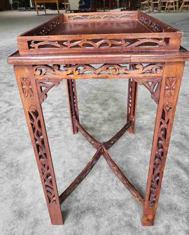 Antique repro carved hall side end table square legs fretwork stretcher