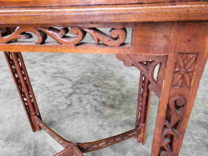 Antique repro carved hall side end table square legs fretwork stretcher