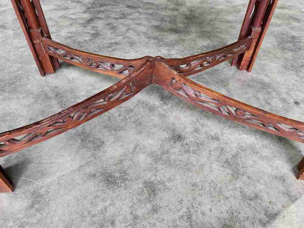 Antique repro carved hall side end table square legs fretwork stretcher
