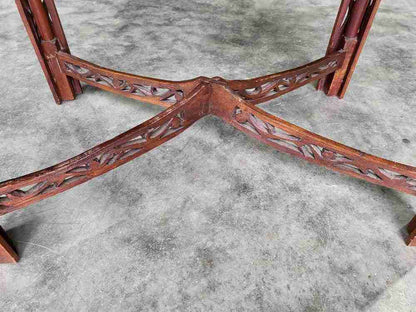 Antique repro carved hall side end table square legs fretwork stretcher