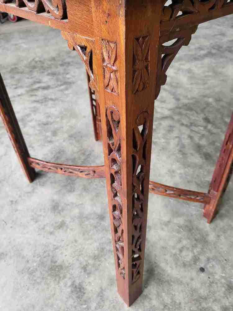Antique repro carved hall side end table square legs fretwork stretcher