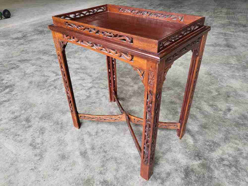 Antique repro carved hall side end table square legs fretwork stretcher
