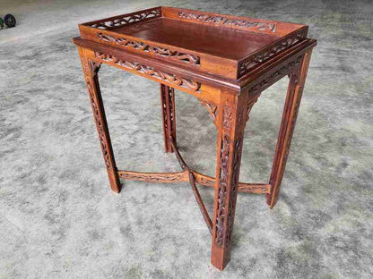 Antique repro carved hall side end table square legs fretwork stretcher