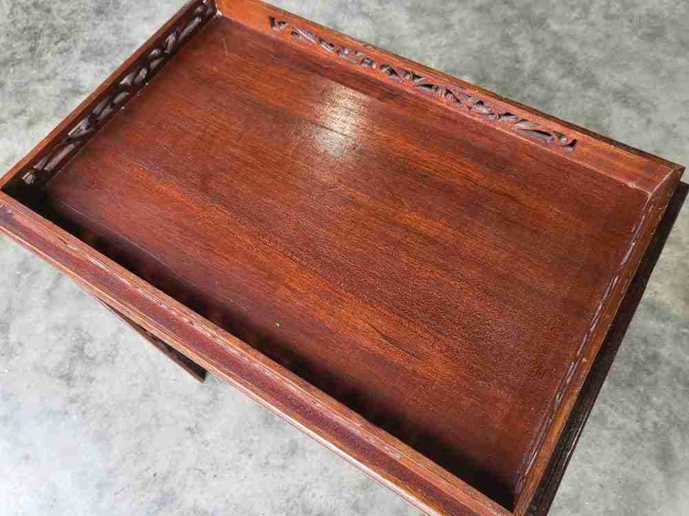 Antique repro carved hall side end table square legs fretwork stretcher