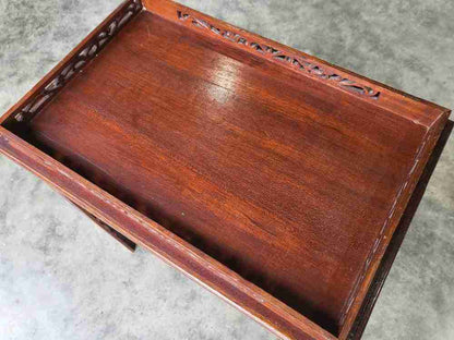 Antique repro carved hall side end table square legs fretwork stretcher