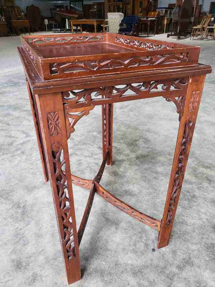 Antique repro carved hall side end table square legs fretwork stretcher