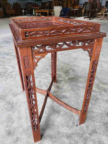 Antique repro carved hall side end table square legs fretwork stretcher