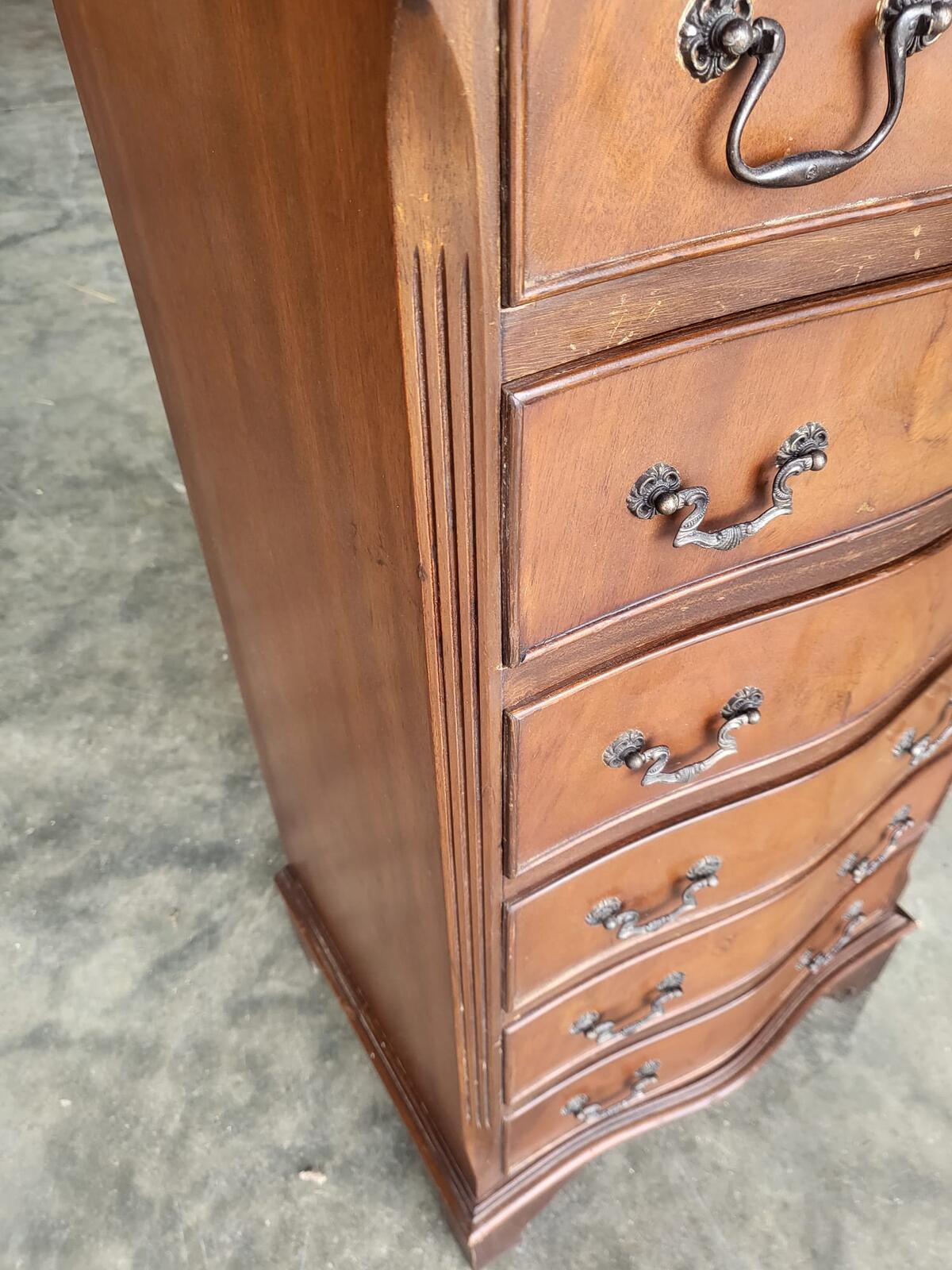 Antique repro small tall slim serpentine chest of 6 drawers