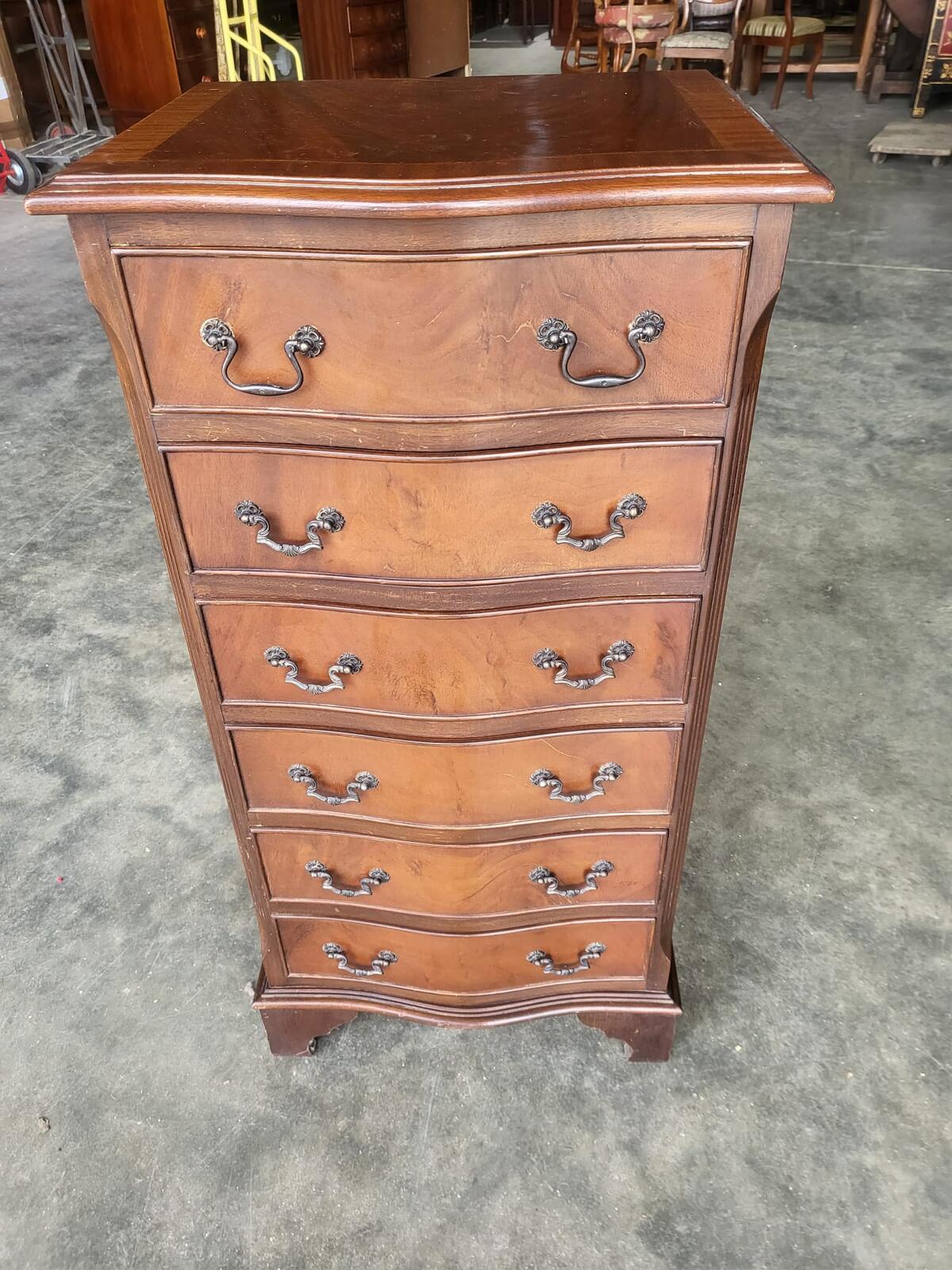 Antique repro small tall slim serpentine chest of 6 drawers