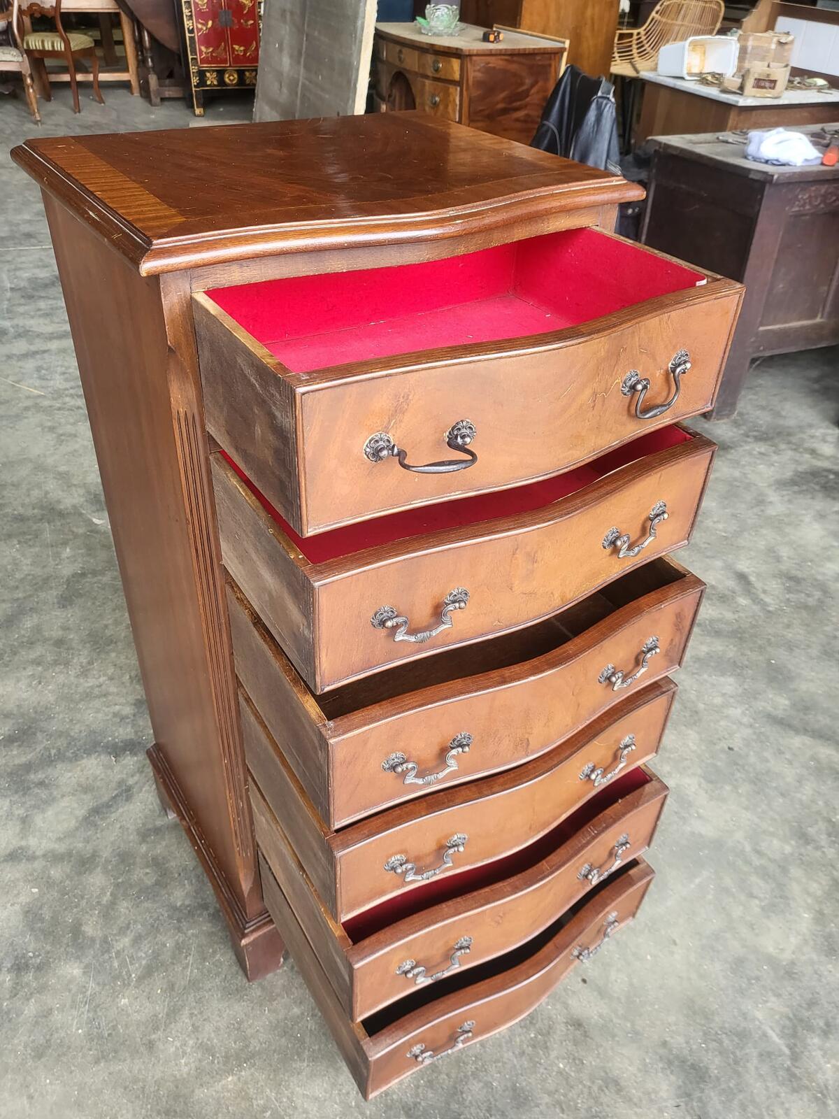 Antique repro small tall slim serpentine chest of 6 drawers