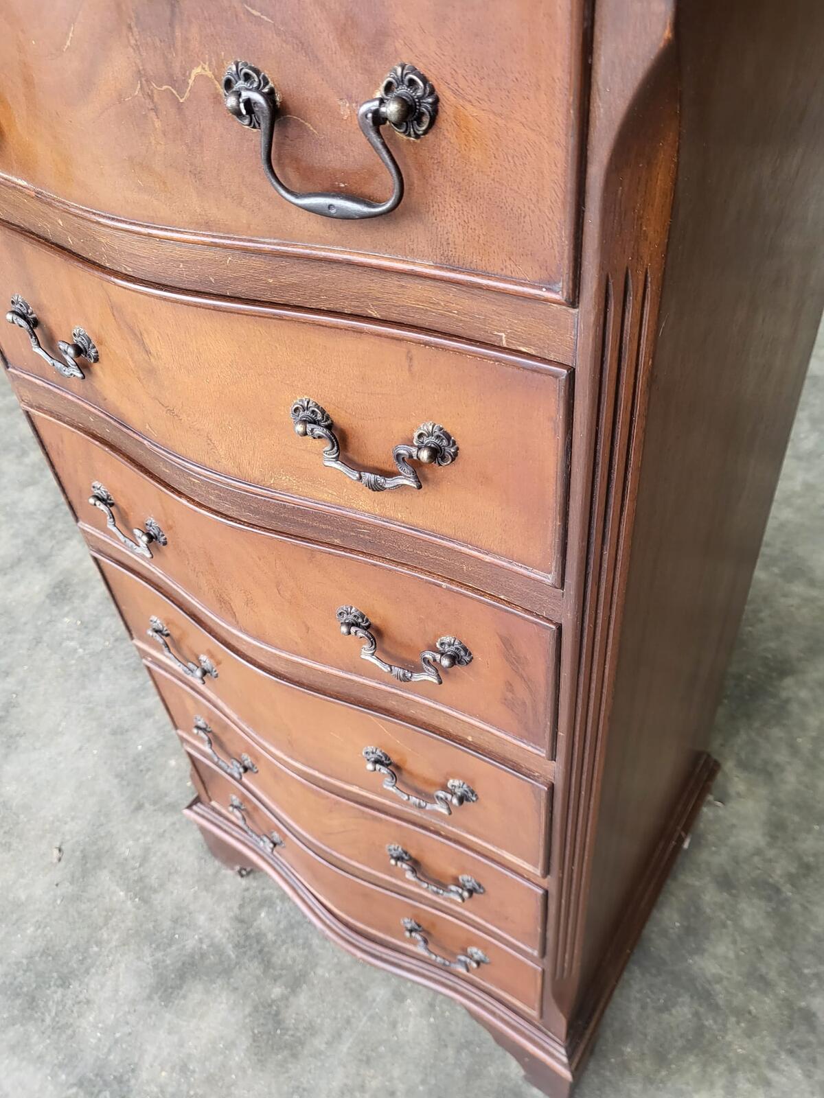 Antique repro small tall slim serpentine chest of 6 drawers
