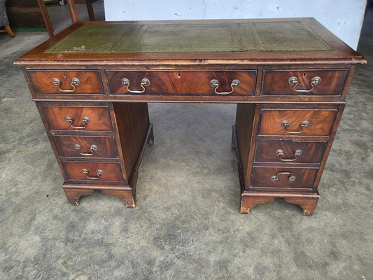 Antique repro small twin pedestal desk leather top 8 drawers