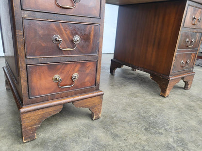 Antique repro small twin pedestal desk leather top 8 drawers