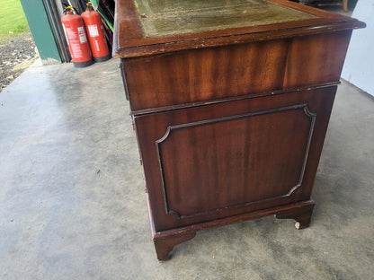 Antique repro small twin pedestal desk leather top 8 drawers