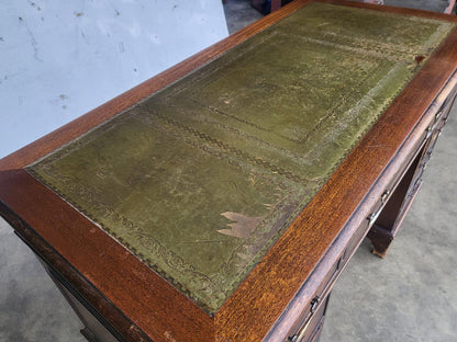 Antique repro small twin pedestal desk leather top 8 drawers