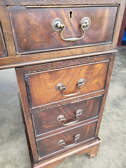 Antique repro small twin pedestal desk leather top 8 drawers