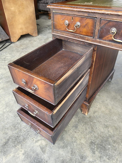 Antique repro small twin pedestal desk leather top 8 drawers
