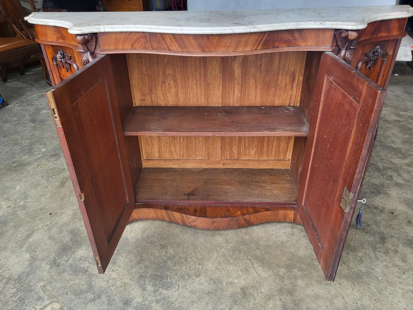 Antique serpentine marble top 4 door sideboard chiffonier