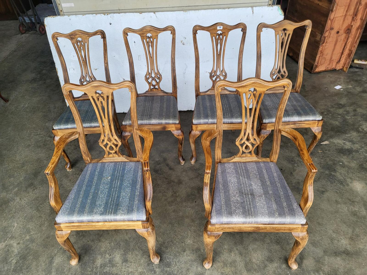 Six antique repro high back dining chairs cabriole legs carvers