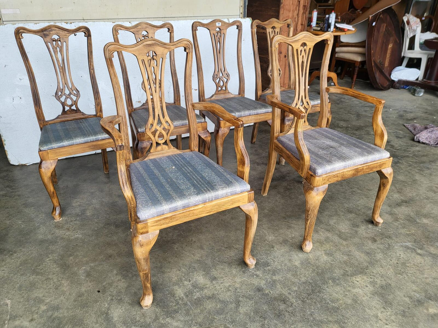 Six antique repro high back dining chairs cabriole legs carvers
