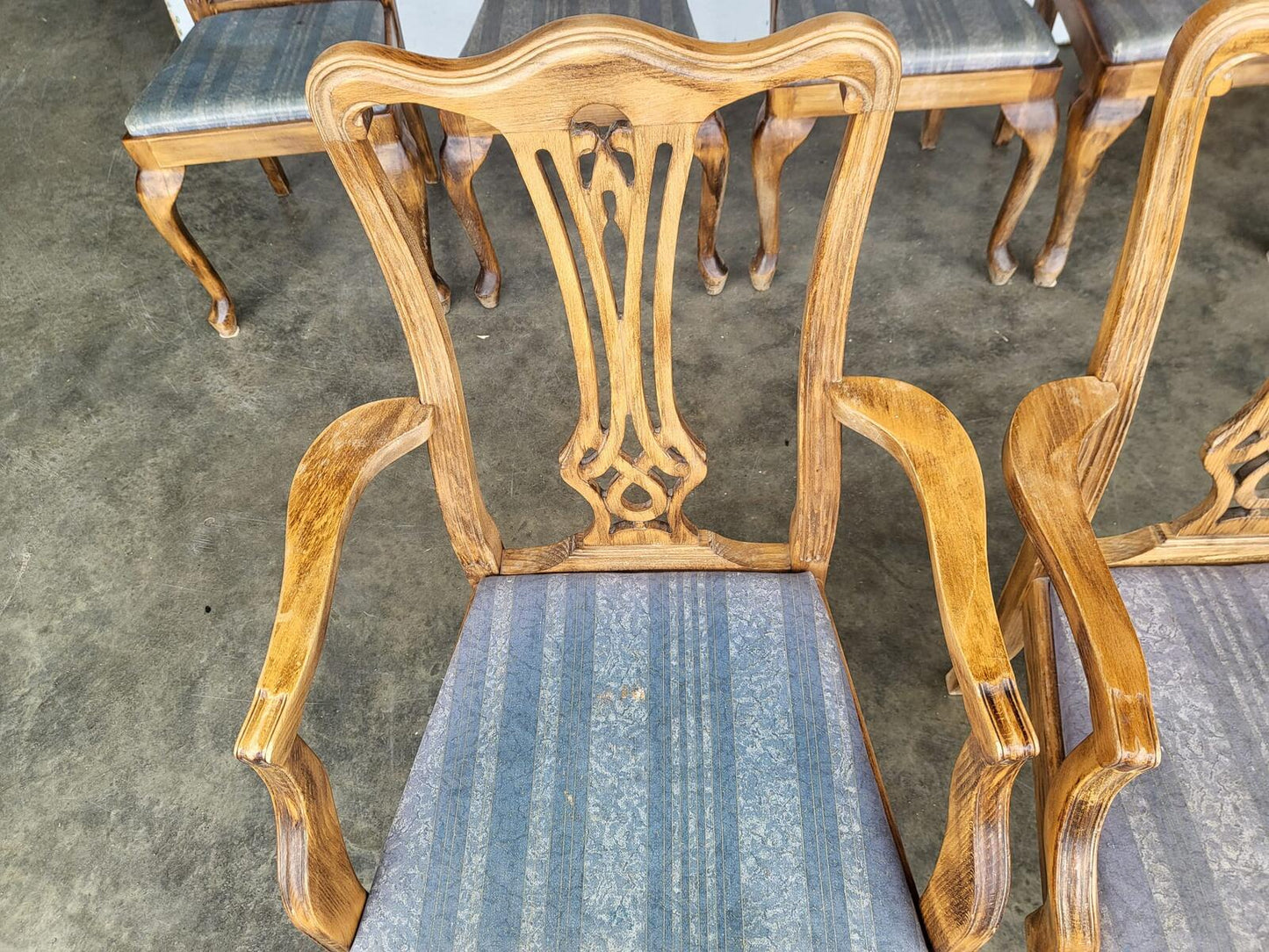 Six antique repro high back dining chairs cabriole legs carvers