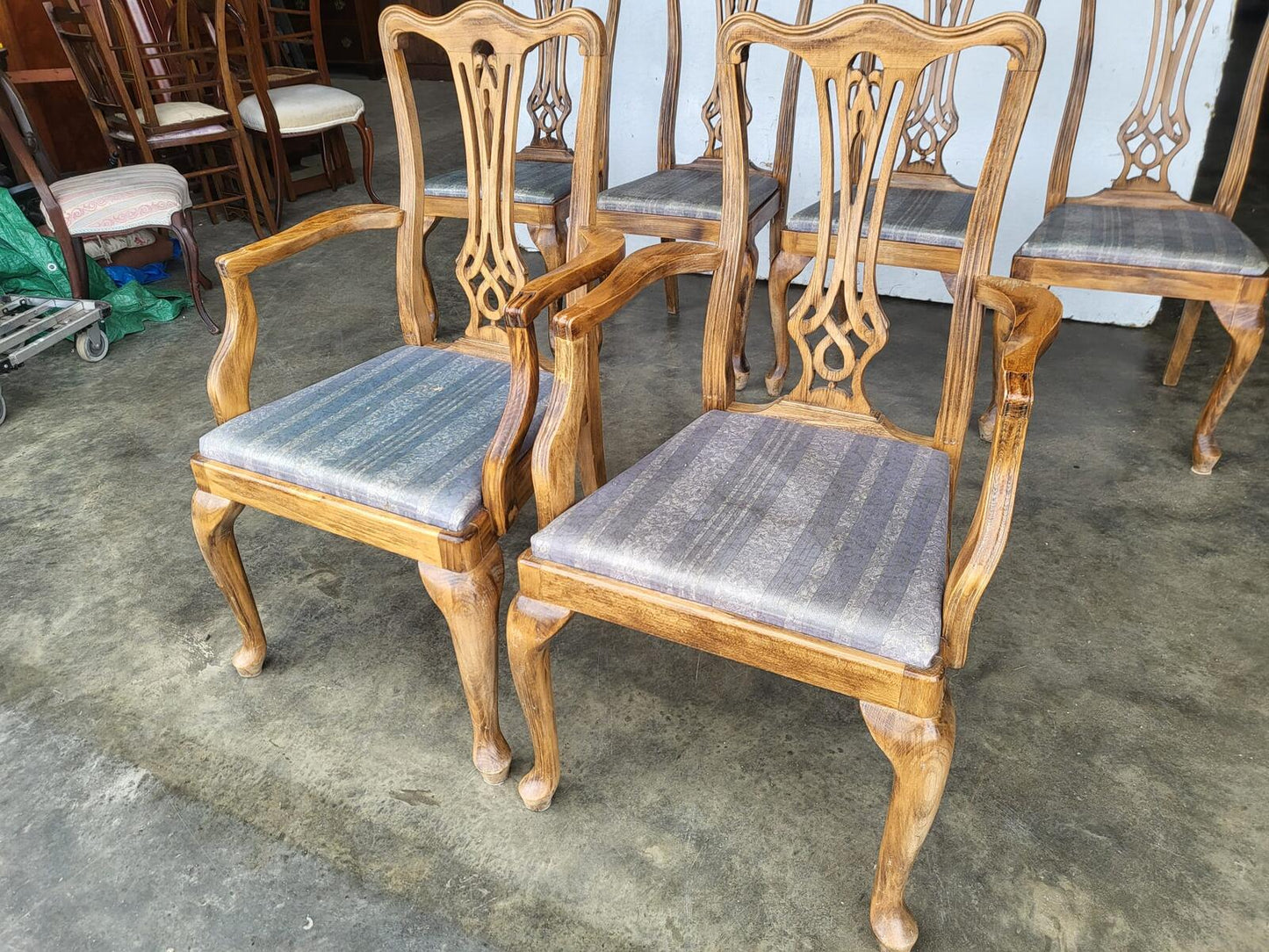 Six antique repro high back dining chairs cabriole legs carvers