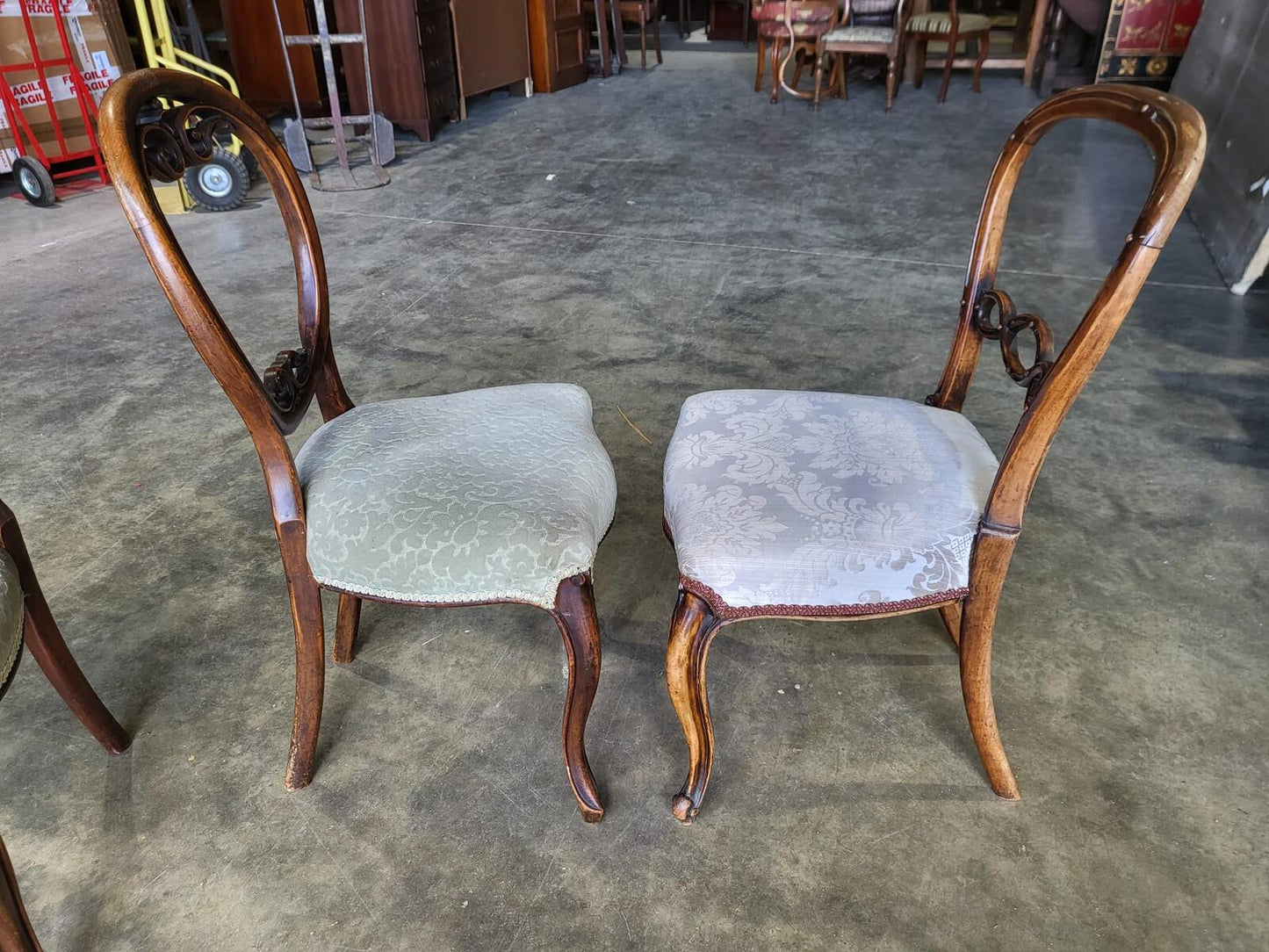 Six mix antique Edwardian balloon back dining chairs cabriole legs