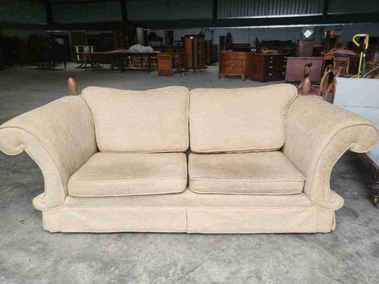 Sofa settee scrolled arms knoll type living room beige brown