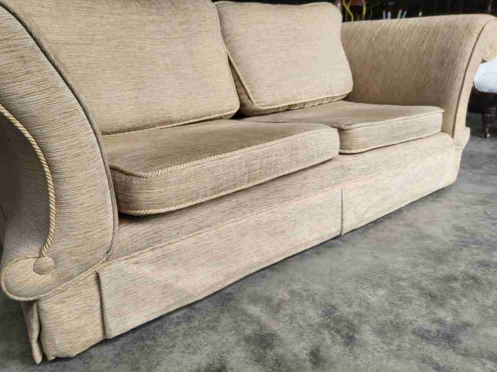 Sofa settee scrolled arms knoll type living room beige brown