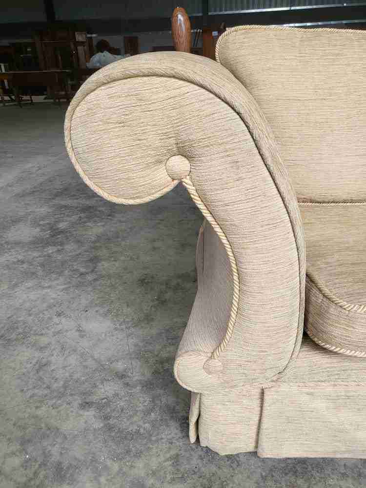 Sofa settee scrolled arms knoll type living room beige brown