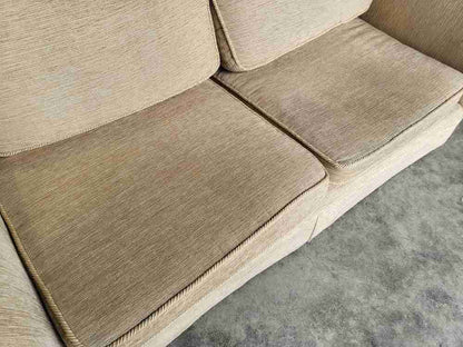 Sofa settee scrolled arms knoll type living room beige brown