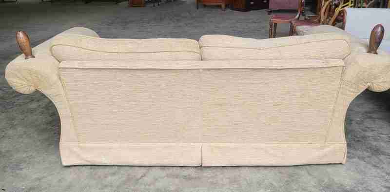 Sofa settee scrolled arms knoll type living room beige brown