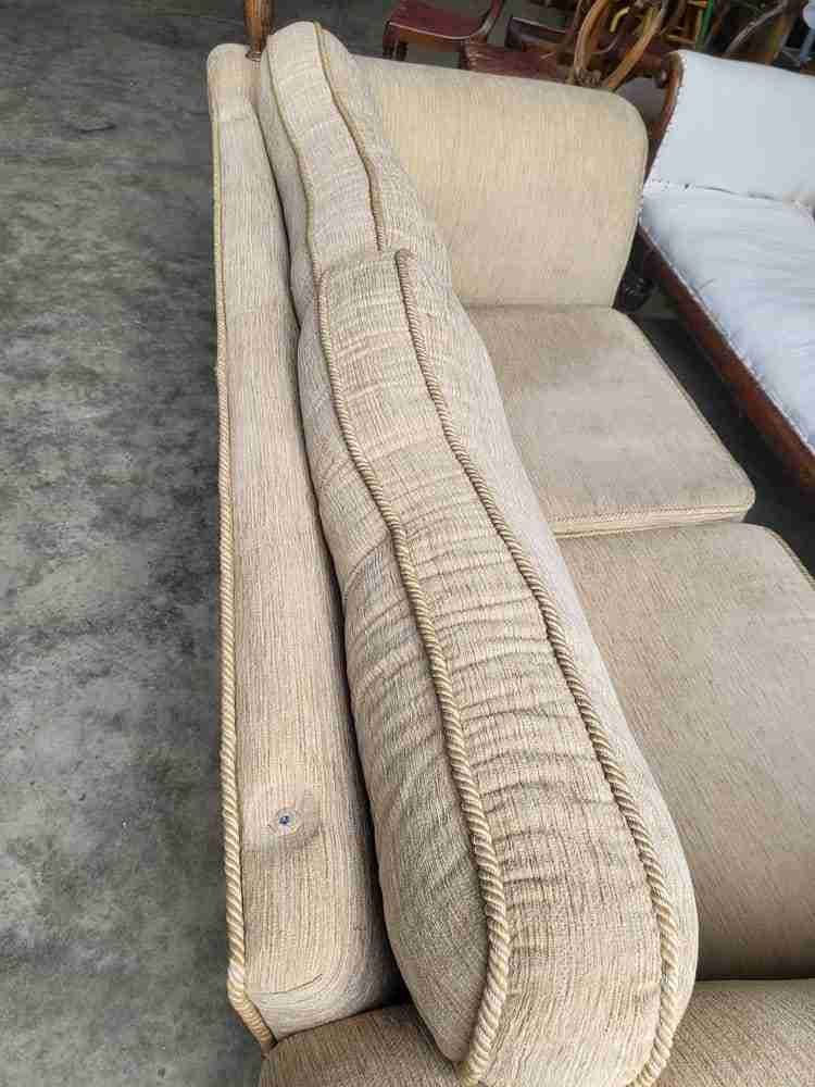 Sofa settee scrolled arms knoll type living room beige brown