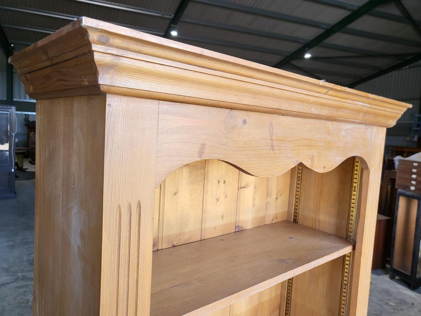 Tall pine open bookcase adjustable shelves cornice